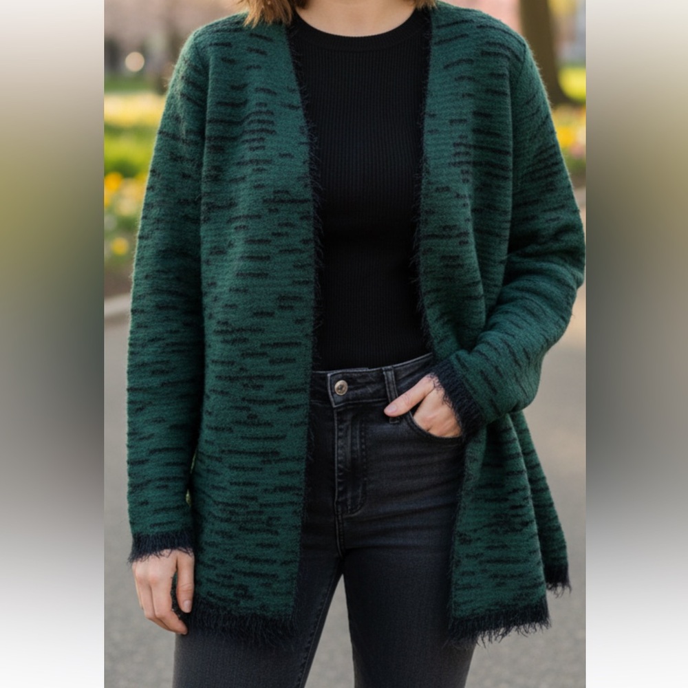 LOGO Lori Goldstein Eyelash Shaggy Cardigan Blue/Green Reversible Medium New